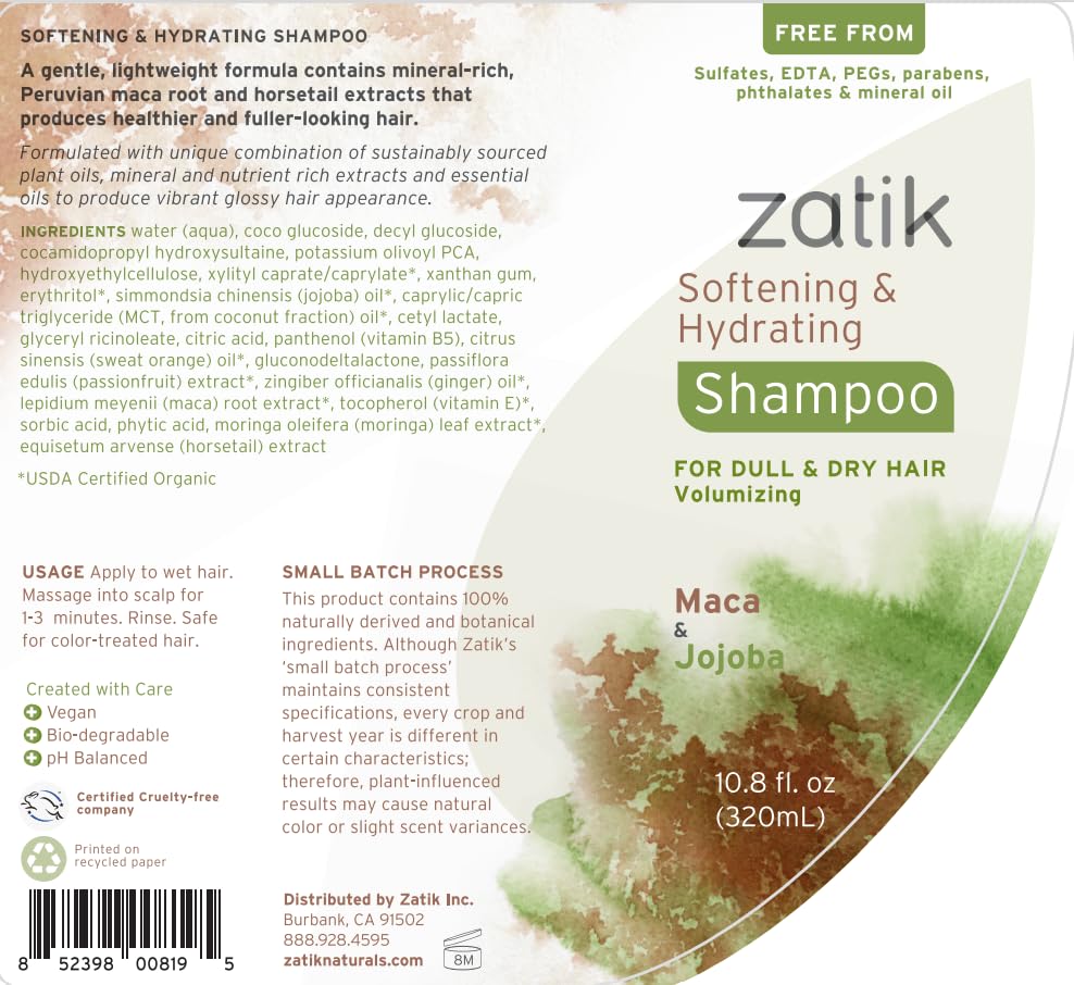 Zatik Naturals - Softening and Hydrating Shampoo with Maca and Jojoba for all Hair, Vegan, Biodegradable, pH Balanced, Free From Sulfates, EDTA, PEG