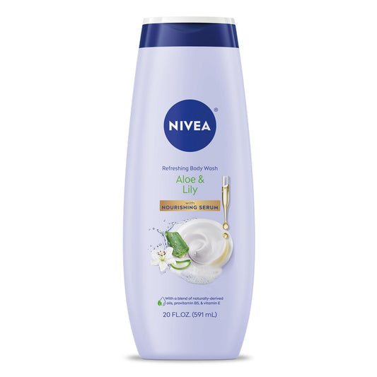 NIVEA Refreshing Fresh Aloe and Lily Body Wash with Nourishing Serum, Scented Body Wash for Women, Enriched with Provitamin B5 and Vitamin E, 20 Fl Oz
