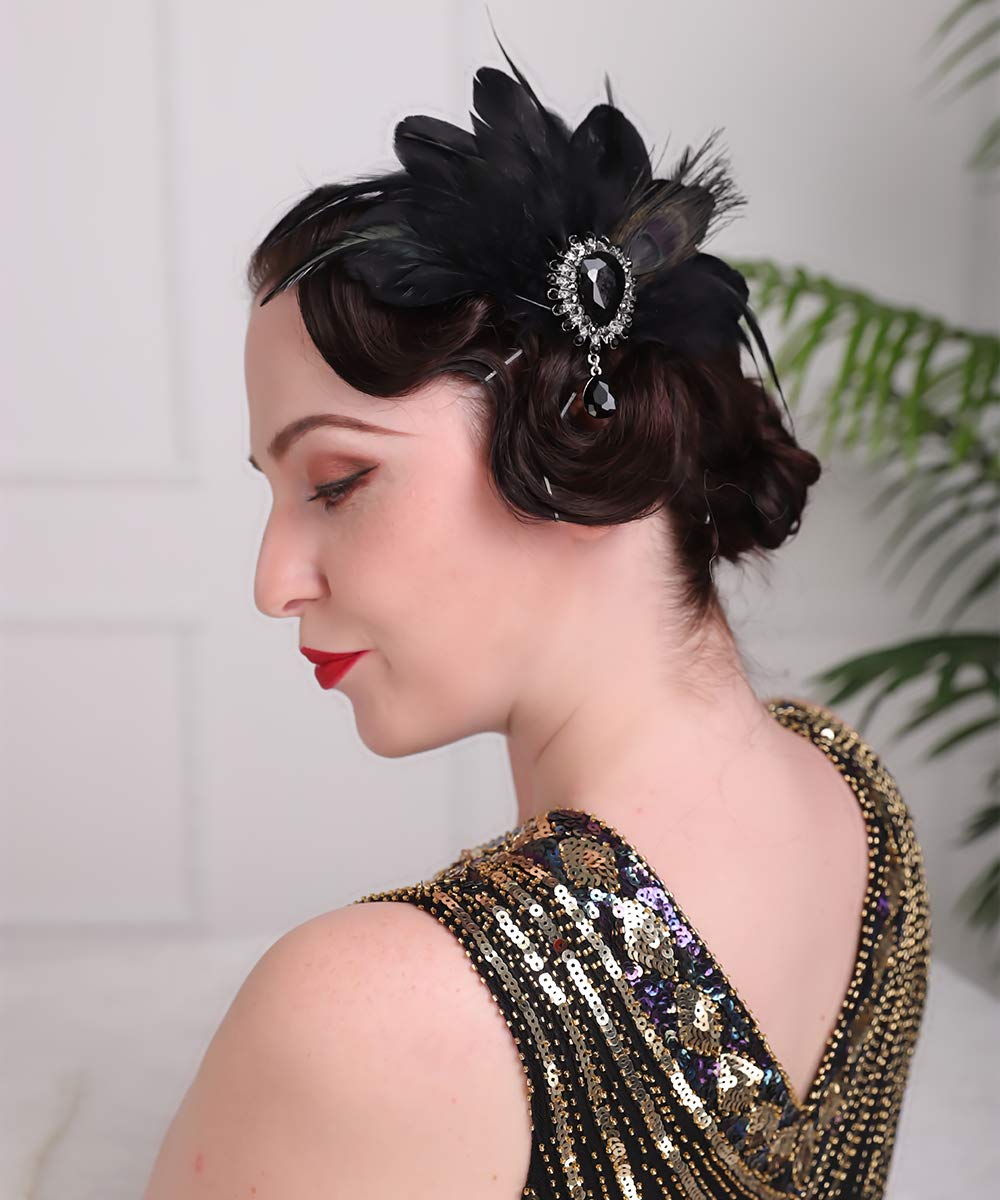 Aimimier 1920s Flapper Feather Hair Clip Black Roaring 20s Headpiece Costume Masquerade Hair Jewelry for Women and Girls (Style 1)