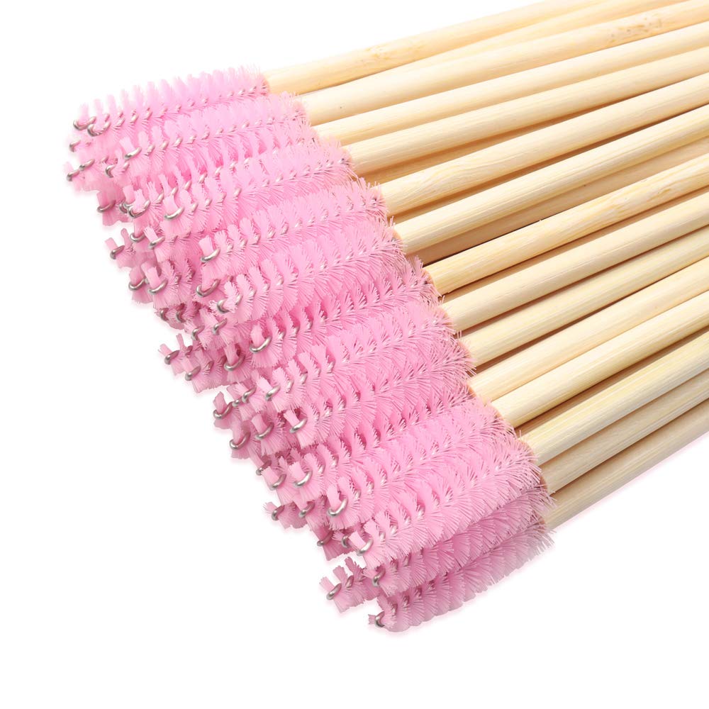 MyAoKuE-UP 100 Pack Bamboo Handle Mascara Wands Disposable Eyelash Brushes Lash Extension Tool, Pink