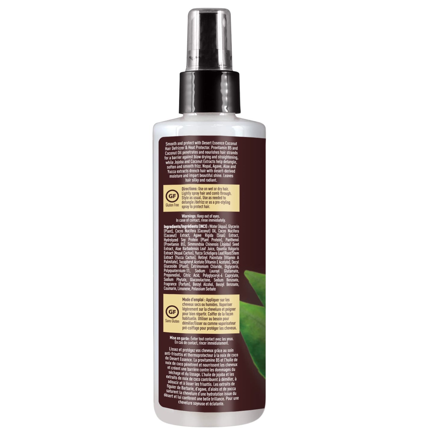 Desert Essence Coconut Hair Defrizzer & Heat Protector 8 fl oz - Gluten Free, Vegan, Cruelty Free - Coconut Oil & Jojoba Seed Extract - Protects Hair
