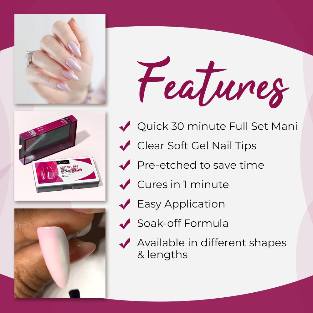 IBD Clear Soft Gel Nail Tips Almond Medium Stiletto - Pre-Etched Full Cover Nail Extensions for Acrylic & Gel Manicures, Lightweight Press On Nails Beauty & Personal Care IBD