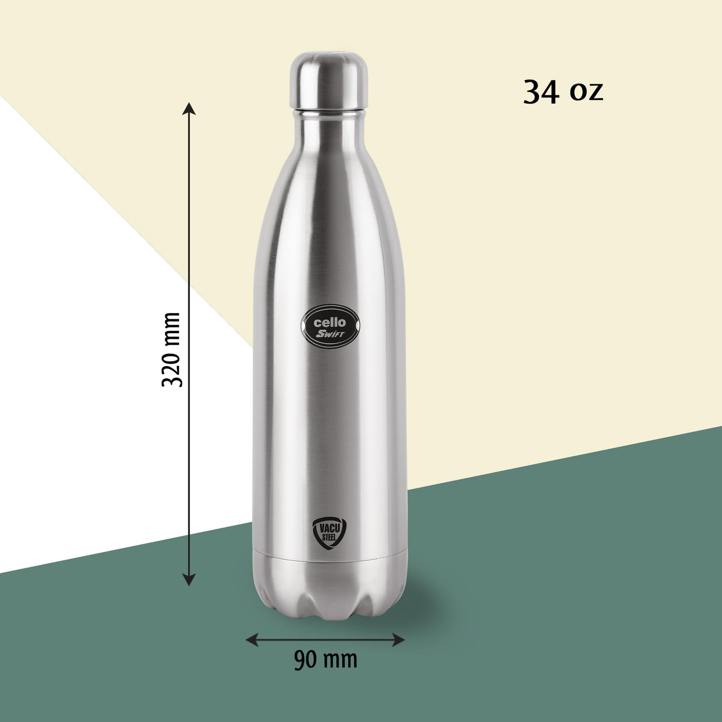 Cello Swift Stainless Steel Vacuum Insulated Flask with Screw Lid | Leak Proof | Double Walled Silver Bottle for Home, Office, Travel (34oz, Silver)