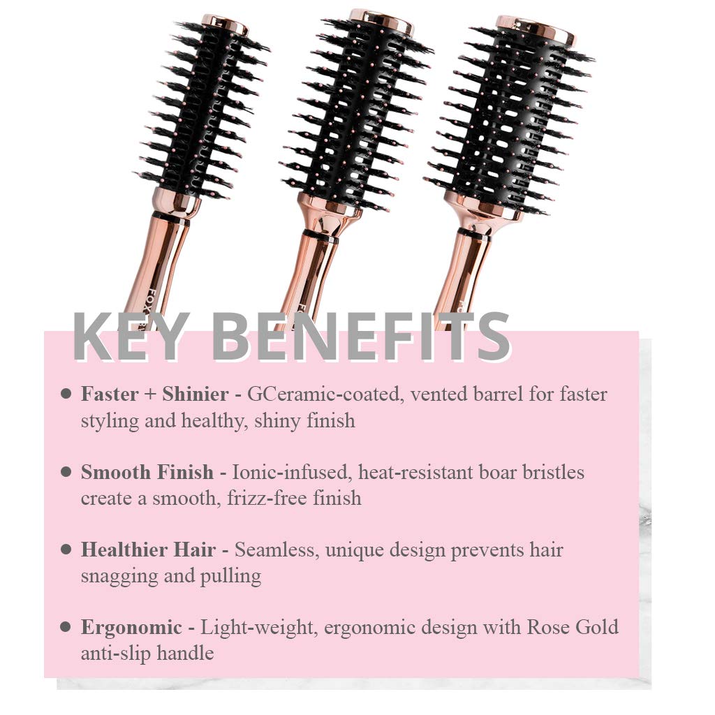 FoxyBae Hair Brush Set - Round Detangler for All Hair Types - Professional Volumizer & Styling Brushes with Vented Barrel - Boar & Nylon Bristles