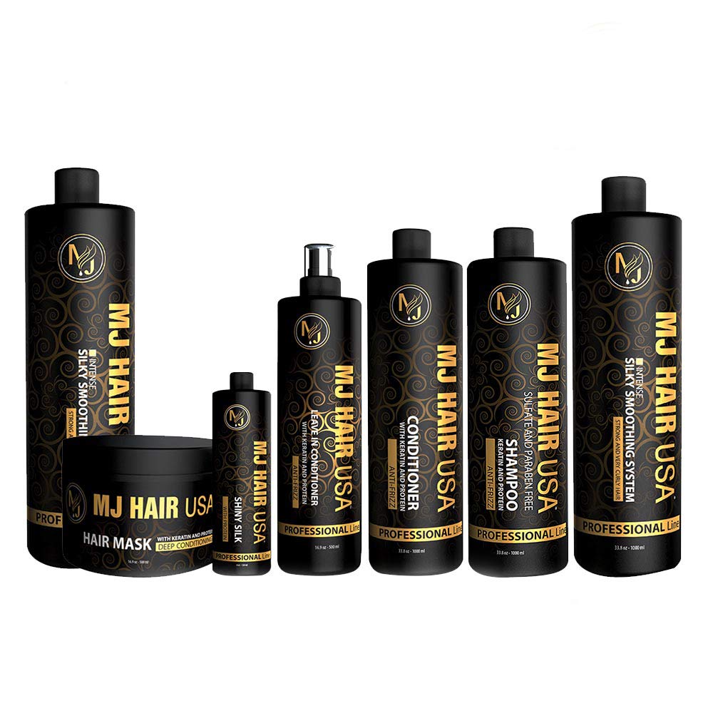 MJ Hair Welcome Kit, Keratin Treatment & After Care Set (Silky Smoothing System Treatment-Shampoo-Conditioner-Leave In Conditioner -Hair Mask - Shiny