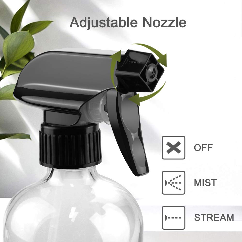 Worldgsb Glass Spray Bottles, 16oz Refillable Containers, Empty Boston Round Bottles with Labels & Adjustable Nozzle for Cleaning, Gardening Beauty and Personal Care Worldgsb