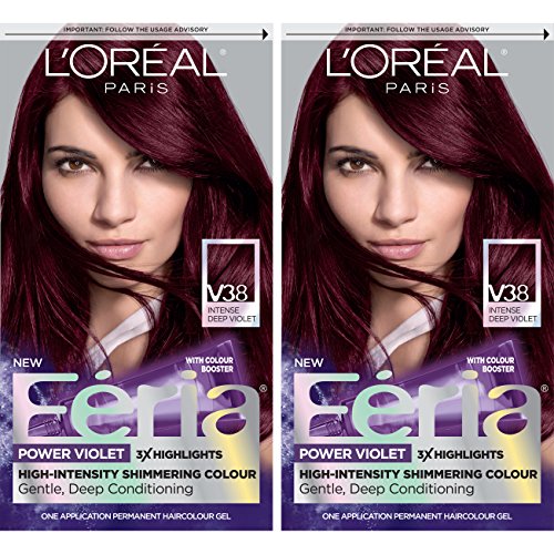 L'Oreal Paris Feria Multi-Faceted Shimmering Permanent Hair Color, V38 Violet Noir, Hair Dye Kit, Pack of 2