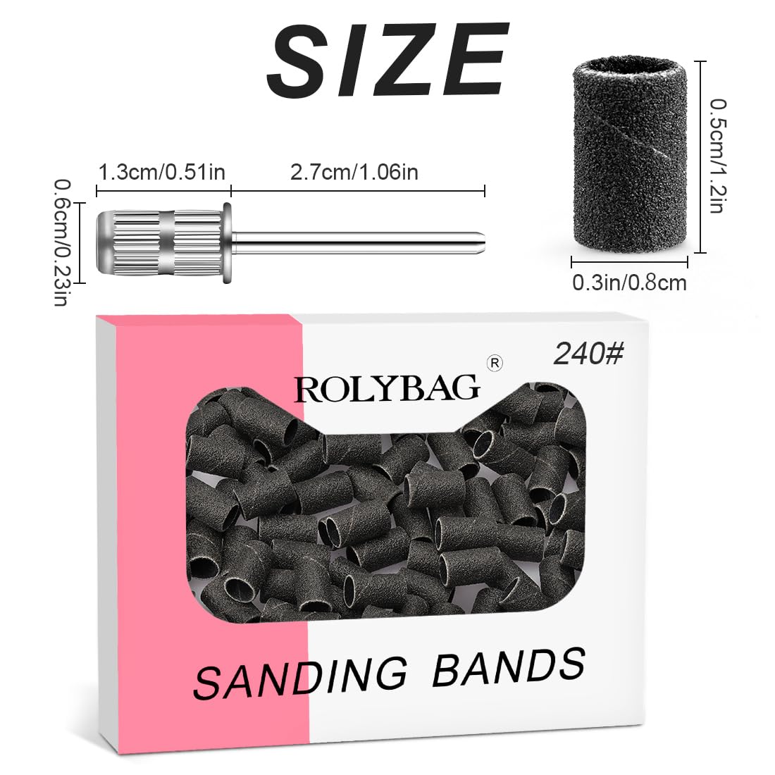 Rolybag Sanding Bands for Nail Drill, 240 Grit Sanding Band Include 100 Fine Grit Sanding Bands and 2 Pcs Mandrel Bit for 3/32" Nail Drill Machine