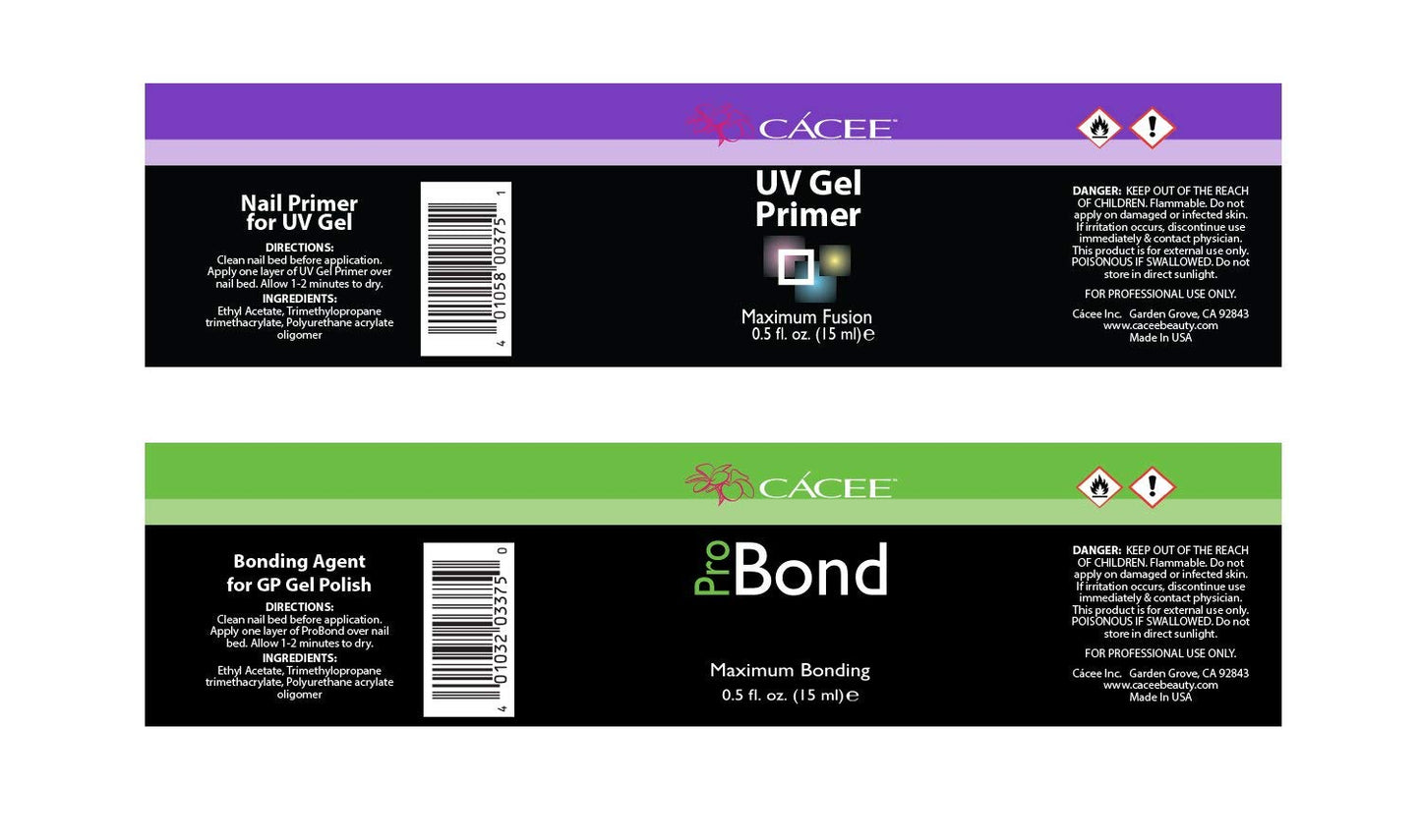Cacee Nail Primer Duo Set for Acrylic Nails, UV Gel Primer & Pro Bond 0.5 oz, Low Odor, Polish for UV/LED, Use Color Gel Polish & Acrylics, Protect