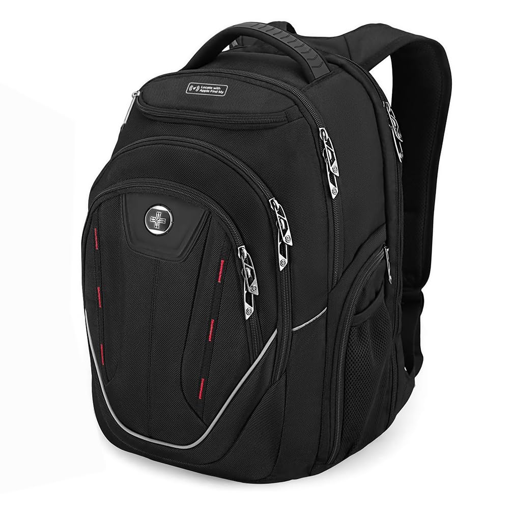 Swissdigital Design TSA Laptop Backpack Men's USB Charging Port Large Capacity Business Travel Backpack Black| With Apple Find My Network Black/Red | J16BTFB-41