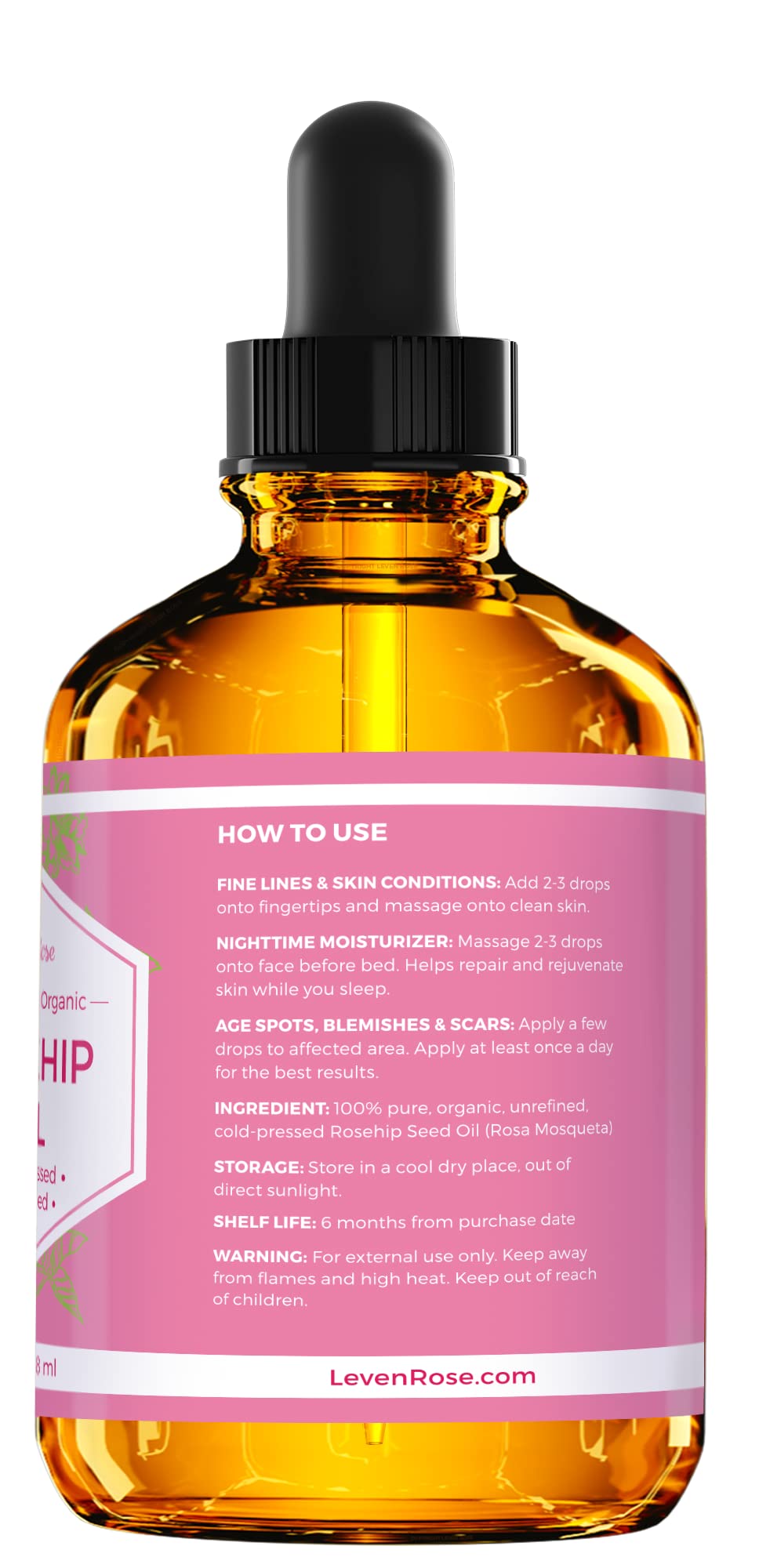 Leven Rose Rosehip Seed Oil for Face 4 oz - Pure Rosehip Oil for Face - Unrefined Cold Pressed Rosehip Oil for Body - Nighttime Face Moisturizer