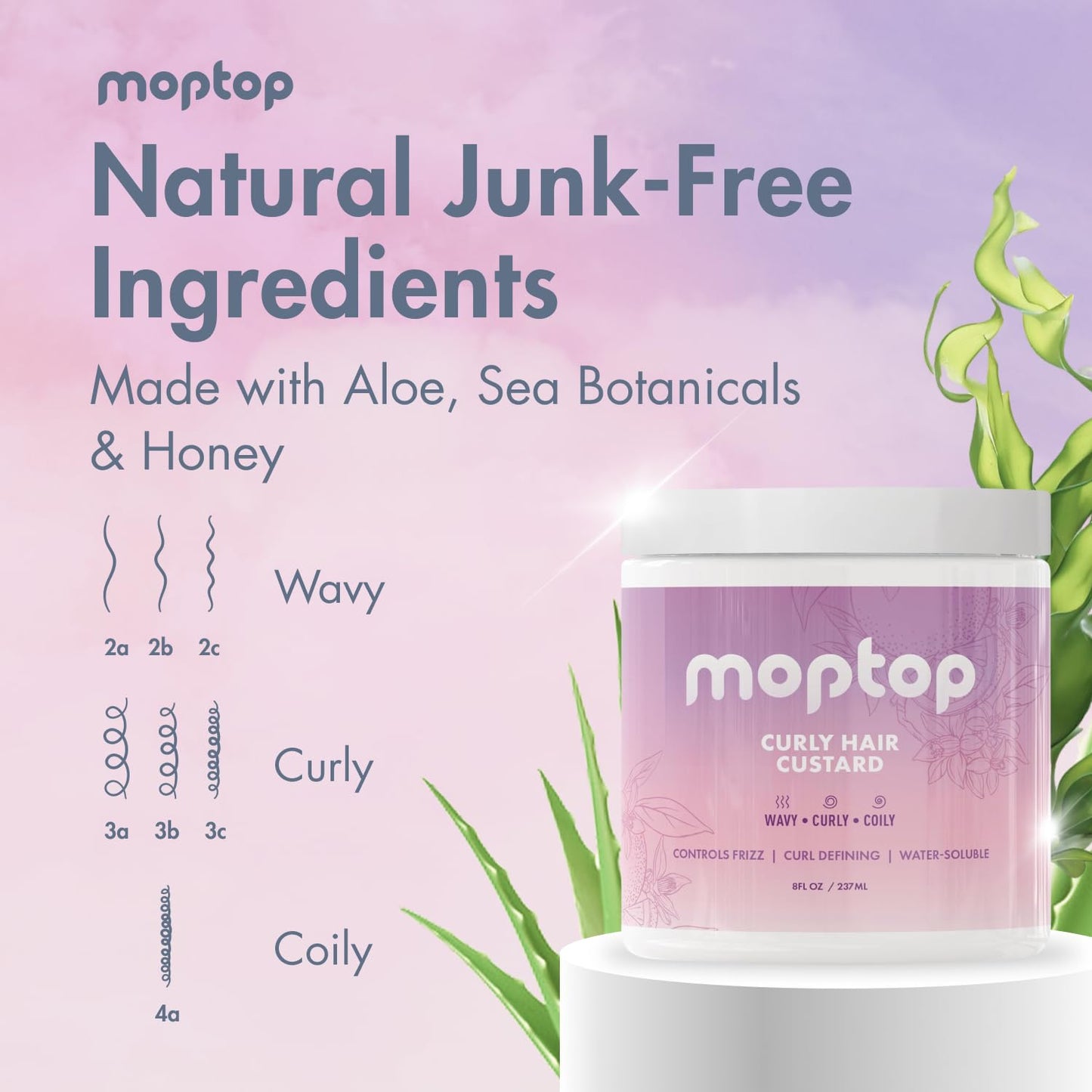 MopTop Curly Hair Gel Custard - Styling Gel for Moisturizing and Defining Soft Curls, Lightweight and Anti Frizz, Curly Hair Products for Waves, Coils