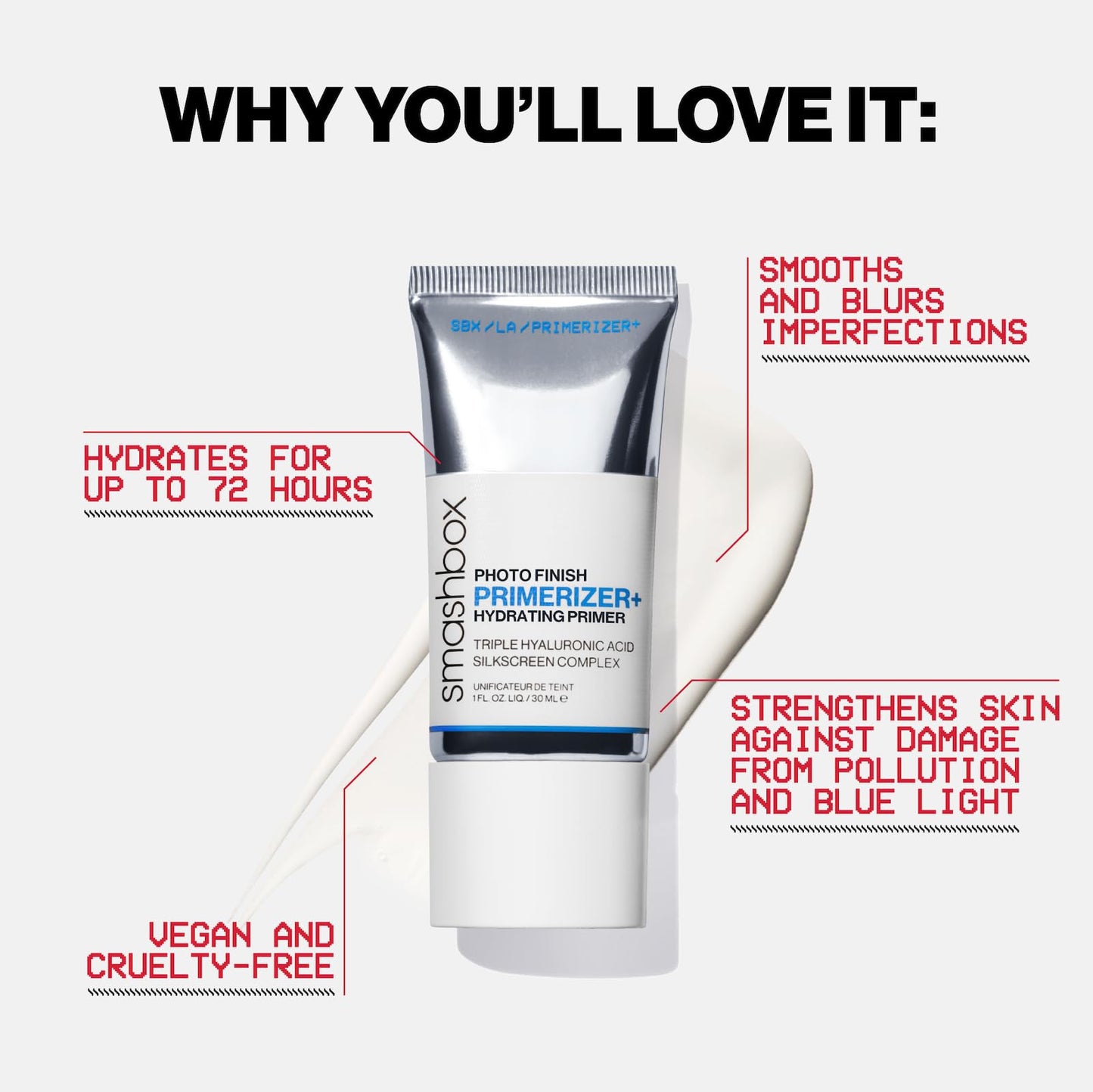 Smashbox Photo Finish Primerizer | Hydrating Primer for 72 Hours, Smoothes Skin with Silky Barrier | Triple Hyaluronic Acid, Niacinamide, Silkscreen