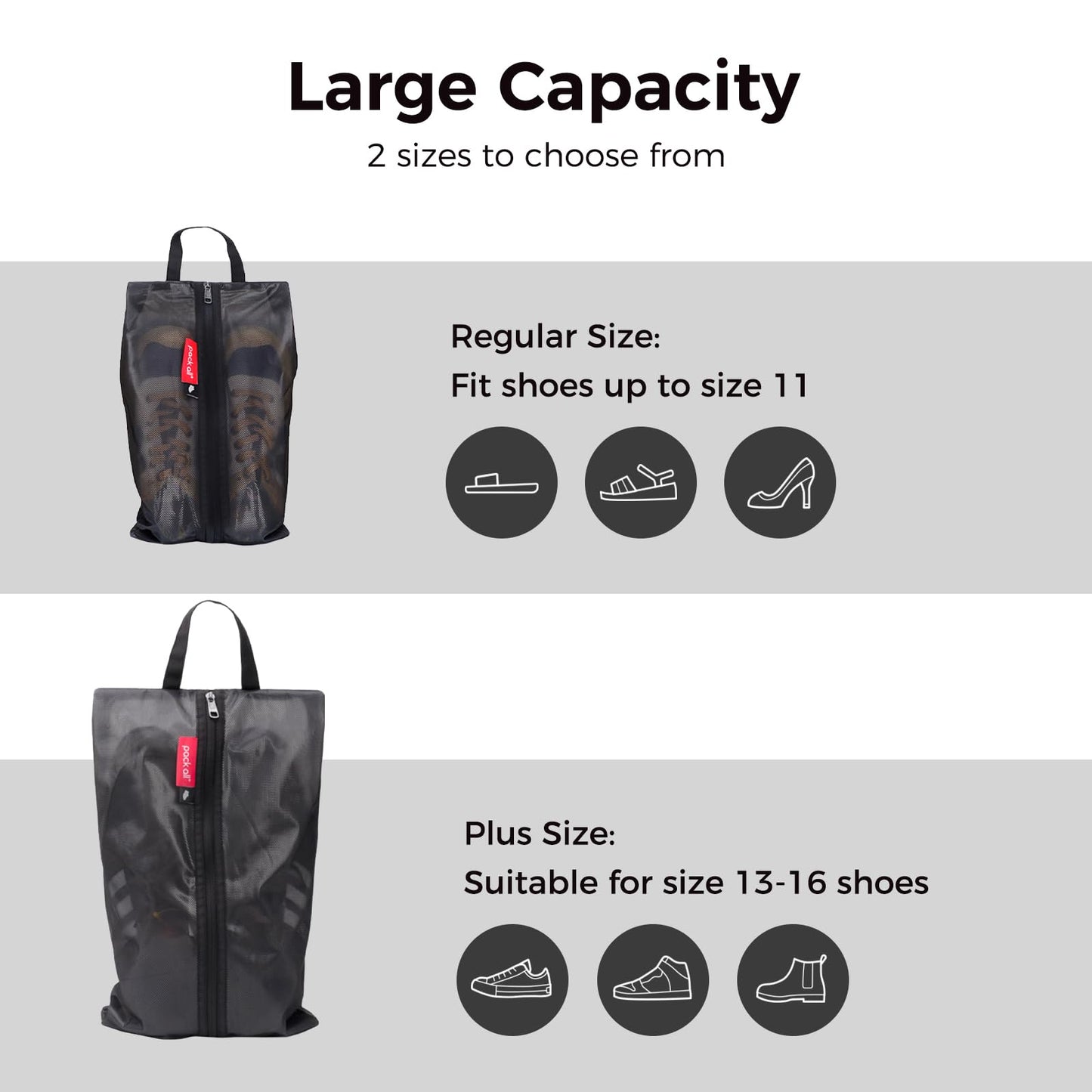 pack all Plus-Sized Shoe Bag for Travel, Water-Resistant Shoe Pouch for Gym, Odor-Resistant Soccer Cleats Bag for Sport (Dual Pocket Version)