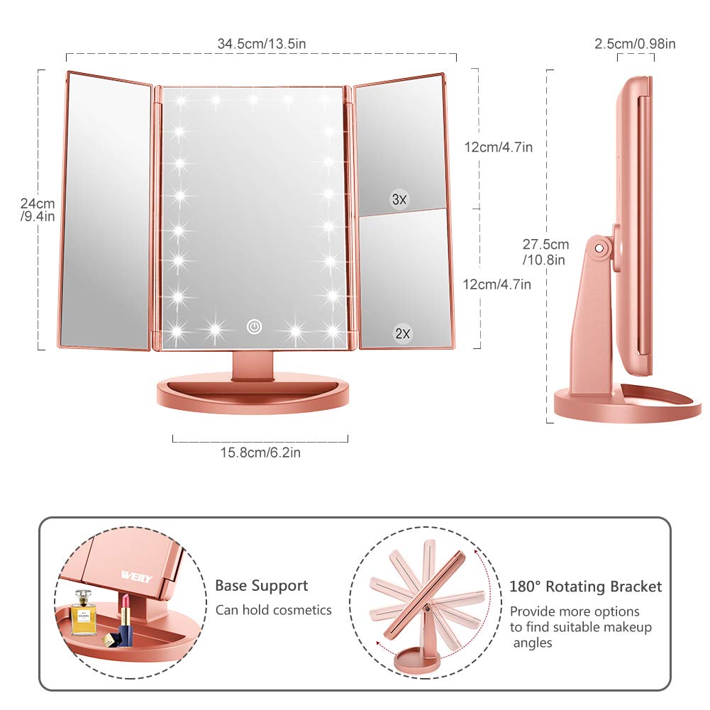 WEILY Makeup Mirror with 21 LED Lights,Two Power Supply, Touch Screen and 1x/2x/3x Magnification Tri-Fold Vanity Mirror for Makeup Desk(Rose Gold)