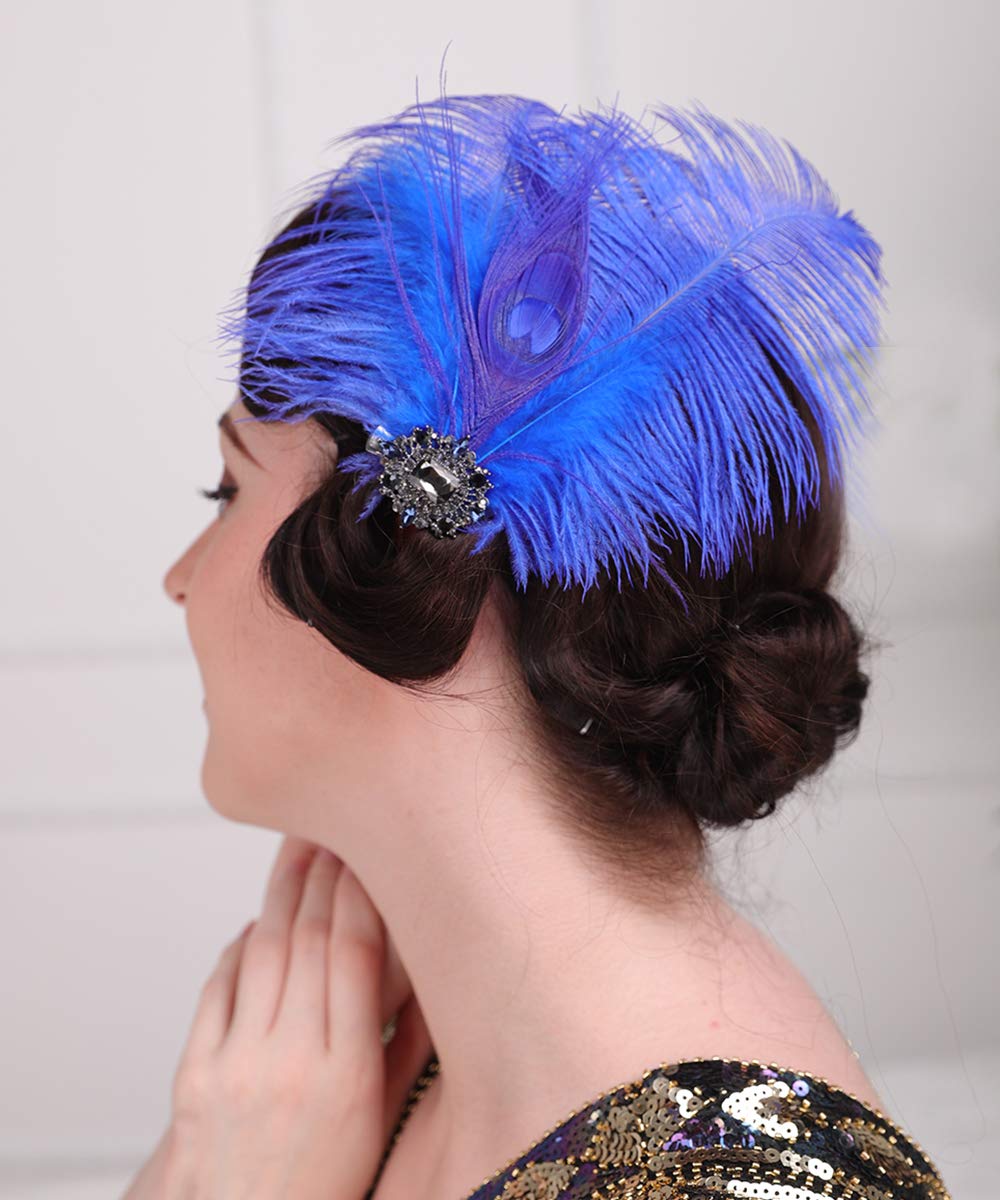 Aimimier 1920s Headpiece Flapper Royal Blue Feather Hair Clip Crystal Roaring 20s Prom Party Festival Hair Accessories for Women