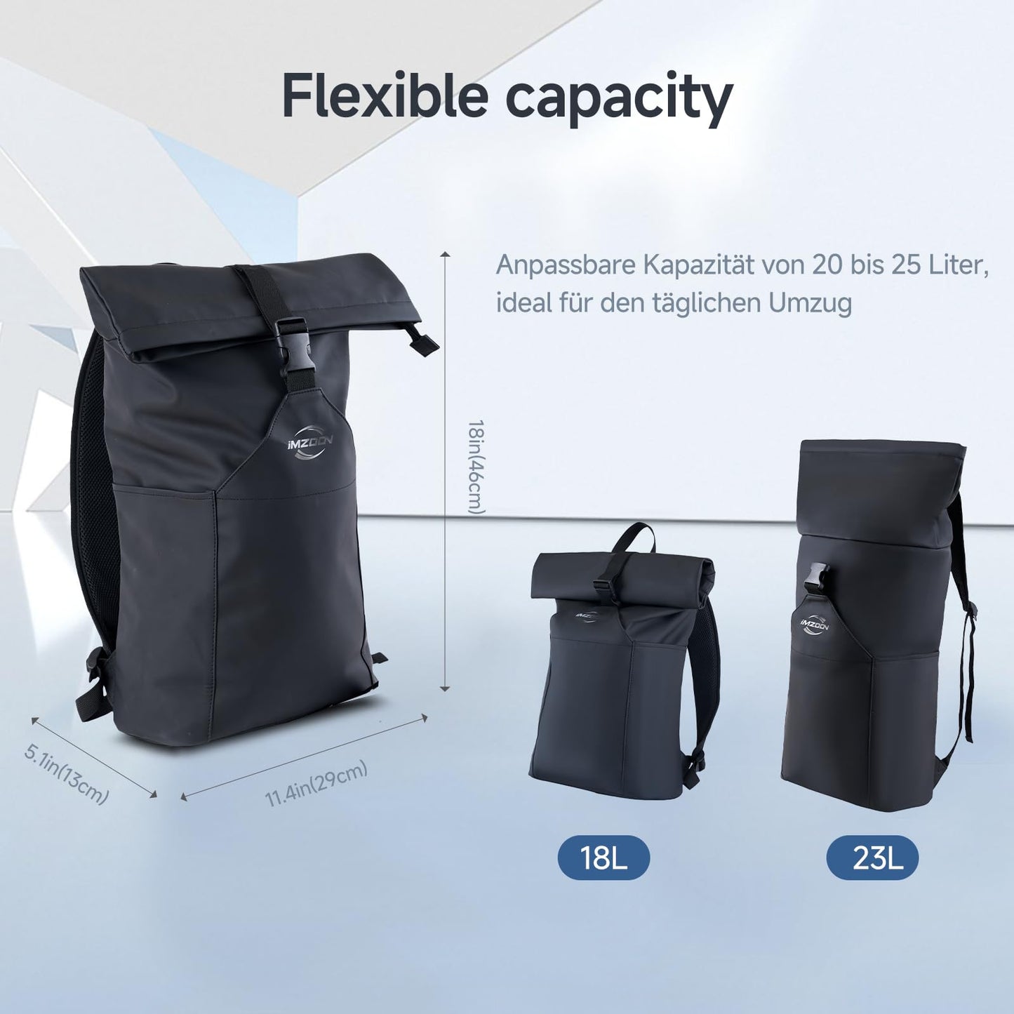 iMZOON Rolltop Backpack for Men Women, Lightweight,PU Waterproof Bag Laptop Backpack Fits 16 inch Laptop Large Capacity Adjustable 23L for Travel Sports Work University Camping School Season,Black