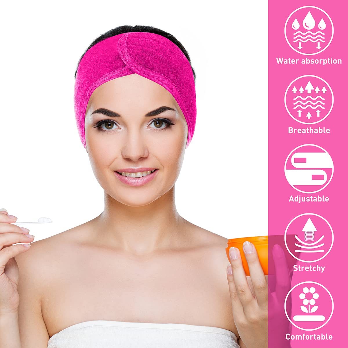 Denfany 3 Pack Makeup Headband, Ultra Soft Adjustable Spa Facial Headbands Terry Cloth Stretch Make Up Wrap for Face Washing, Bathing, Showers (Rose
