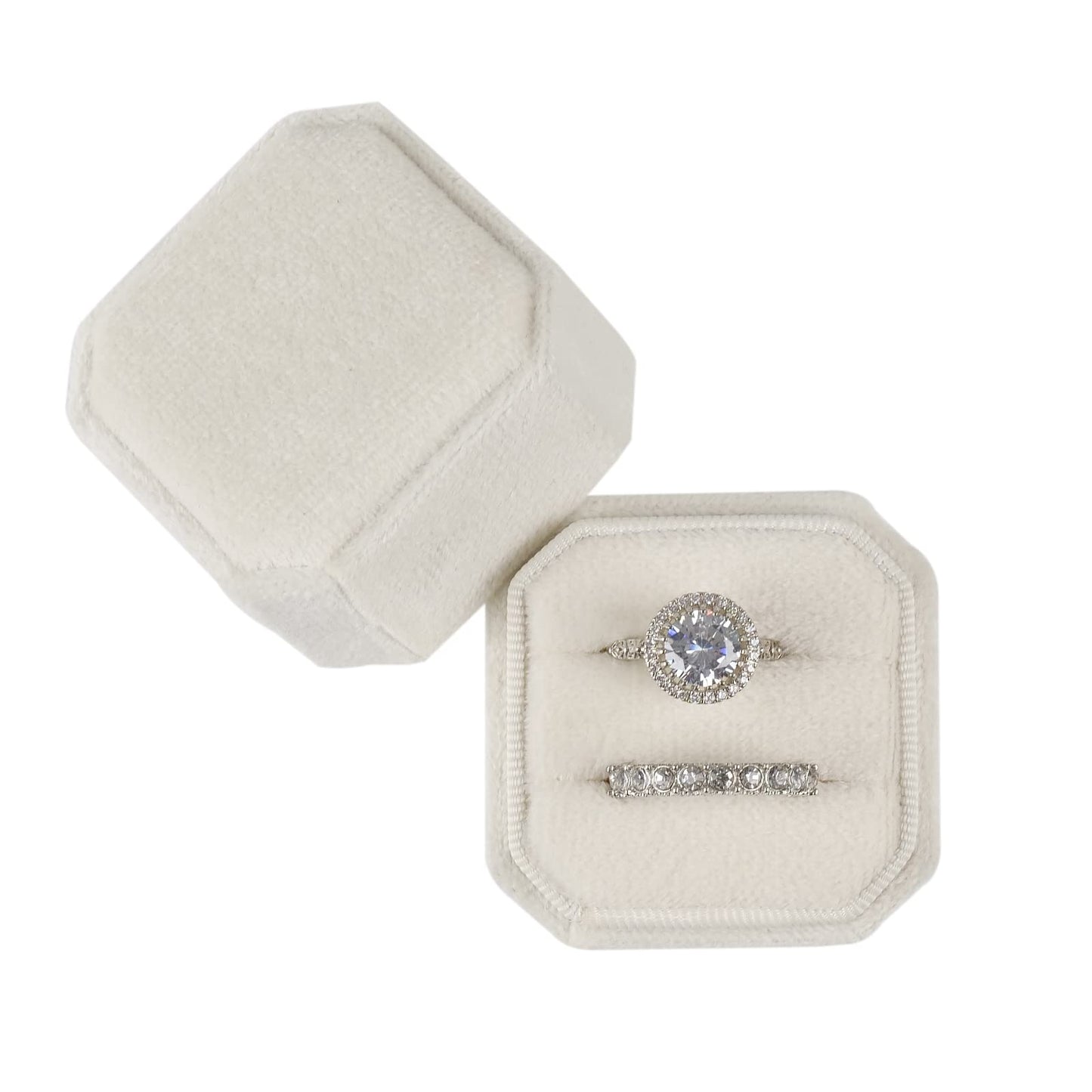 NicGor Velvet Ring Box Double Slots, Gift for Proposals Engagement and Wedding Band Photographs - Octagon Jewelry Ring Boxes (Beige)