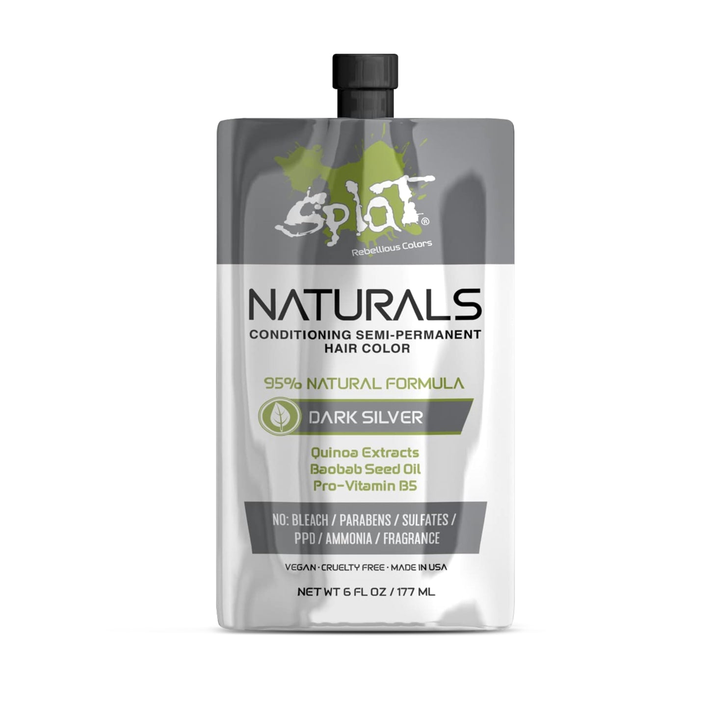 Splat Naturals Semi-Permanent Hair Color, Dark Silver, 6 fl. oz., 95% Natural Hair Dye Formula Lasts Up to 30 Washes, Vegan & Cruelty-Free
