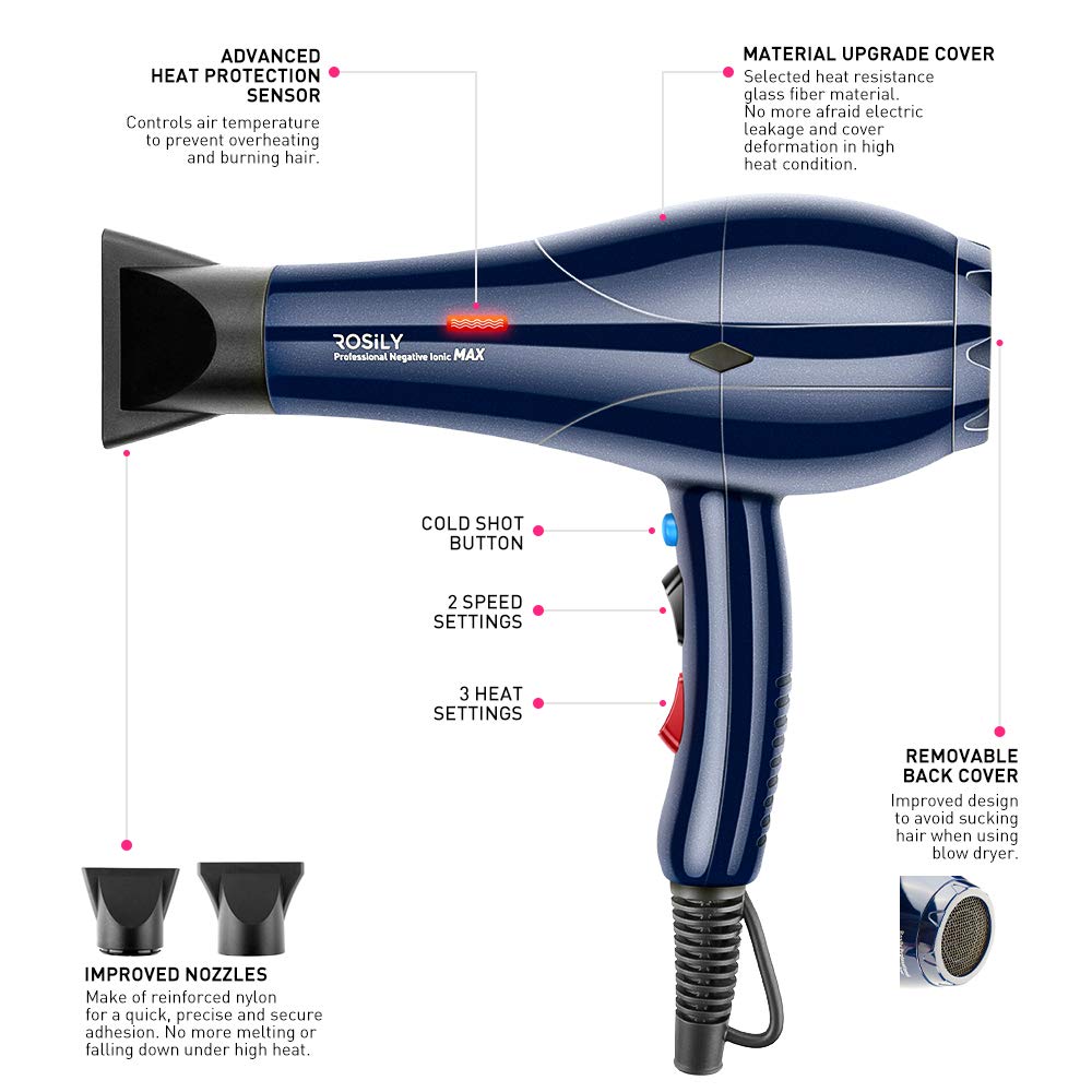 ROSILY Professional 2200W Ionic Ceramic Hair Dryer | Fast Drying Salon Quality Blow Dryer with Nozzle Attachments for Smooth Shine and Silky Hair |
