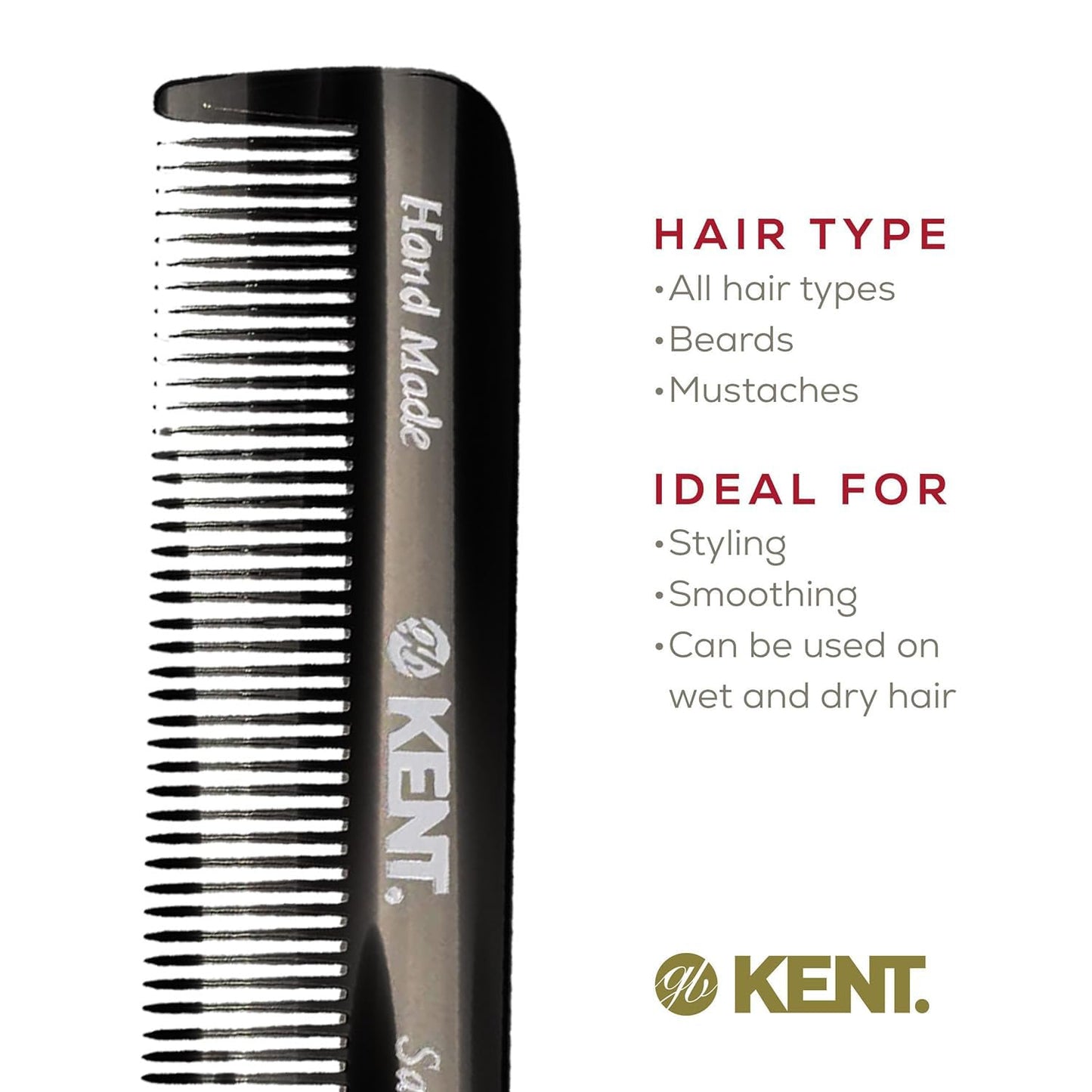 Kent FOT Black Graphite Fine Tooth Comb for Men - Handmade Pocket Comb for Travel, Styling, Fine or Thinning Hair, Mustache and Beard Care Beauty and Personal Care KENT