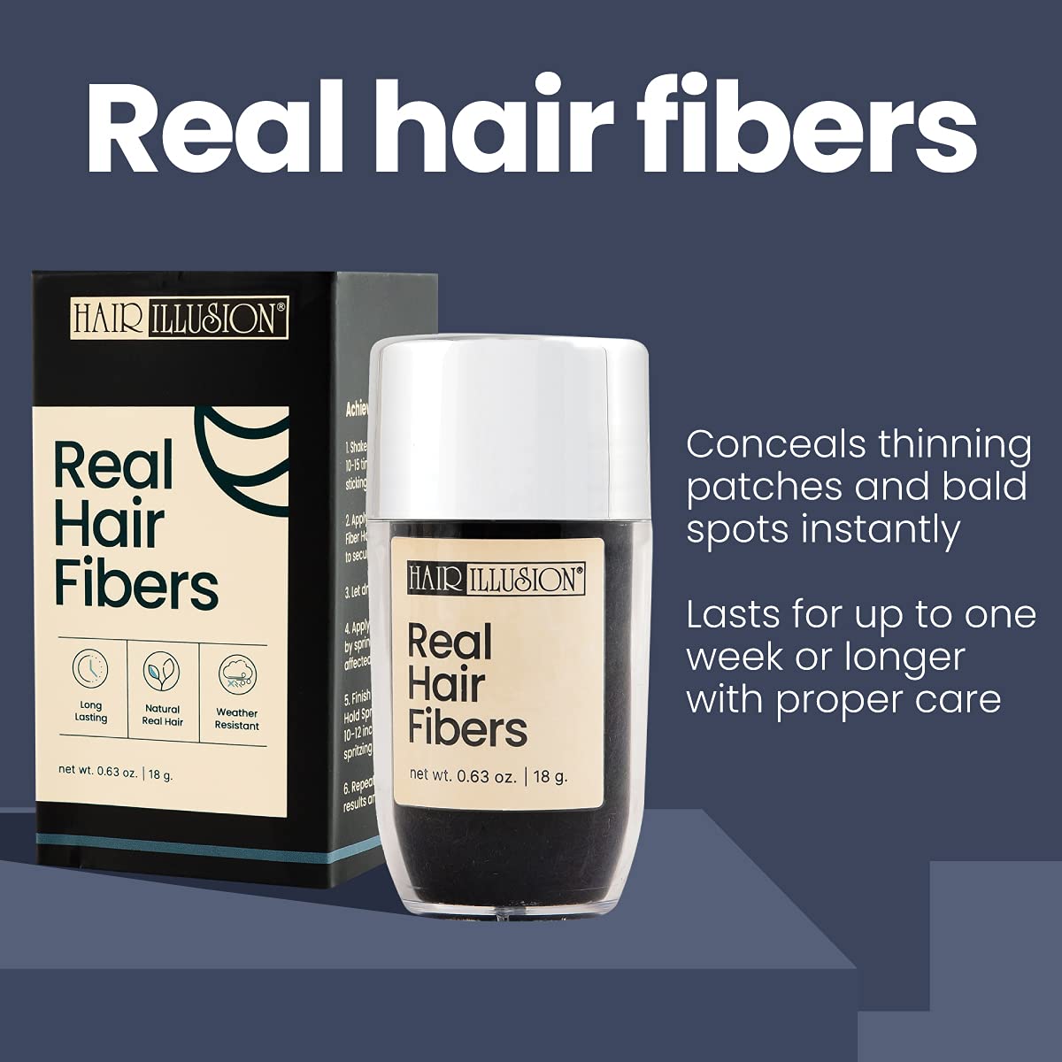 Hair Illusion Black Real Hair Fibers 18g – 100% Natural Texture, Non-Synthetic, Covers Thinning Hair & Bald Spots for Men & Women