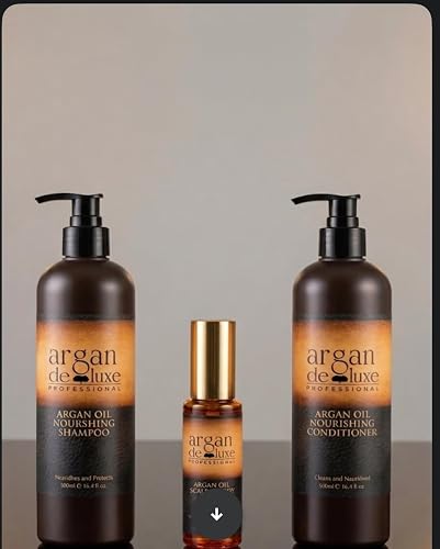 Argan Deluxe Professional Argan Oil Nourishing Hair Care Set for All Hair Types, Shampoo 500ml, Conditioner 500ml, Serum and Body Oil 50ml, 3 Piece