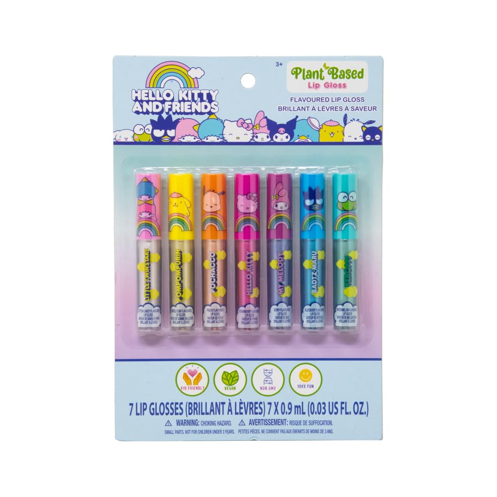SANRIO Hello Kitty Lip Gloss Hello Kitty & Friends Lip Gloss, Plant Based Multi-Flavored, 7 Lip Glosses