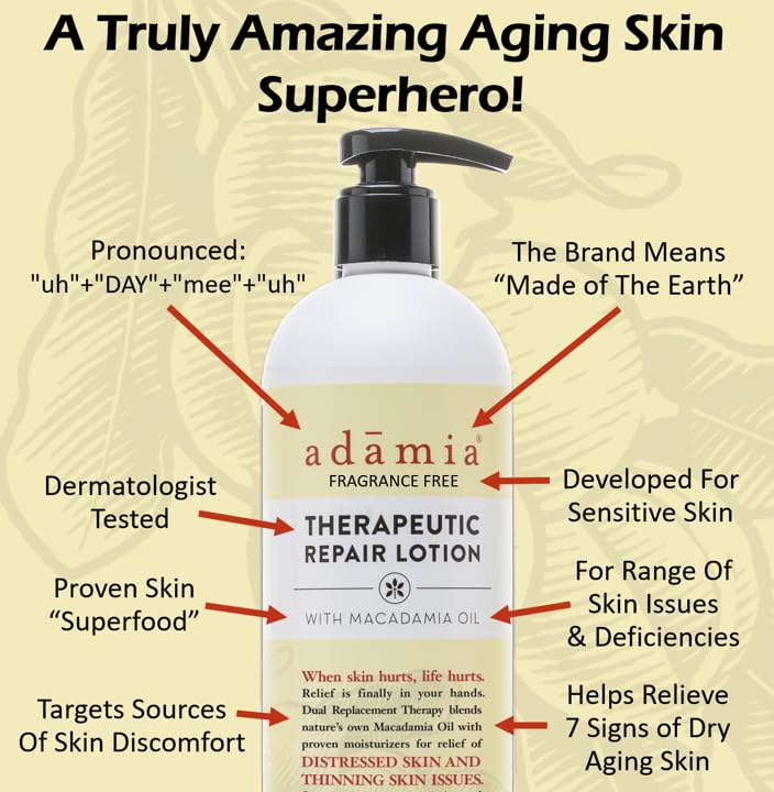 Adamia Therapeutic Repair Lotion with Macadamia Nut Oil and Promega-7, 16 Fl Oz Bottle- Fragrance Free, Paraben Free, Non GMO, White