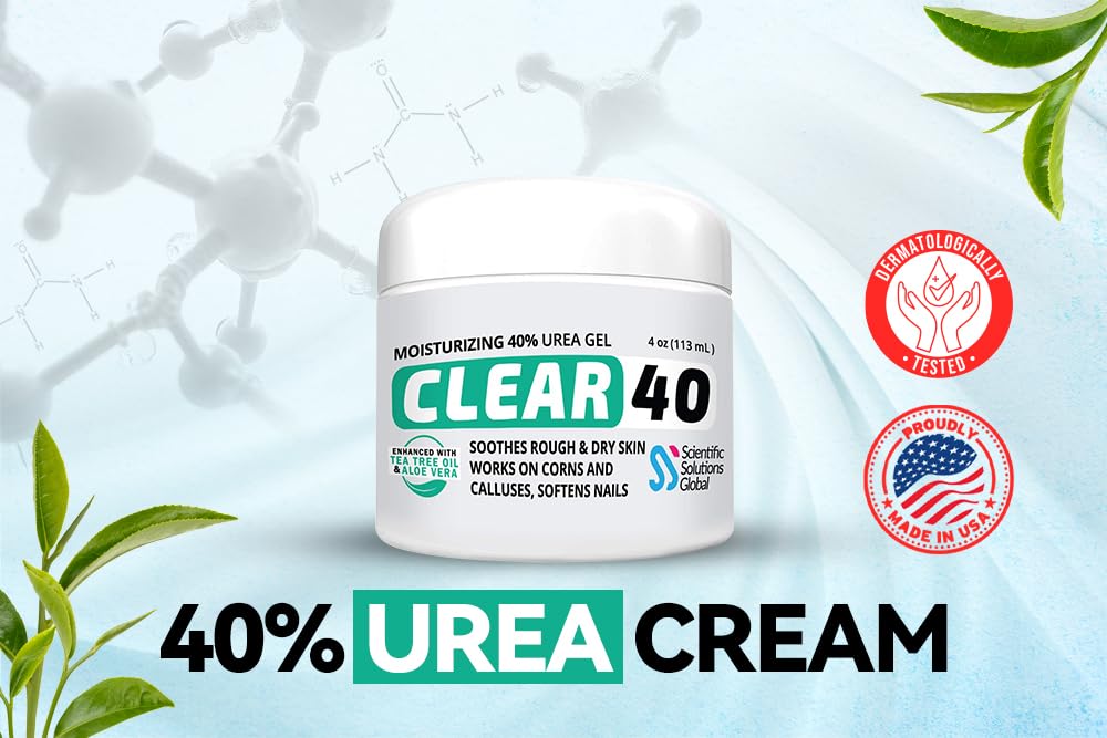 CLEAR 40, 40% Urea Gel, 4 oz w/Tea Tree & Coconut Oil, Aloe Vera Extract, Works on Calluses & Corns, Moisturizes & Softens Cracked Heels, Feet