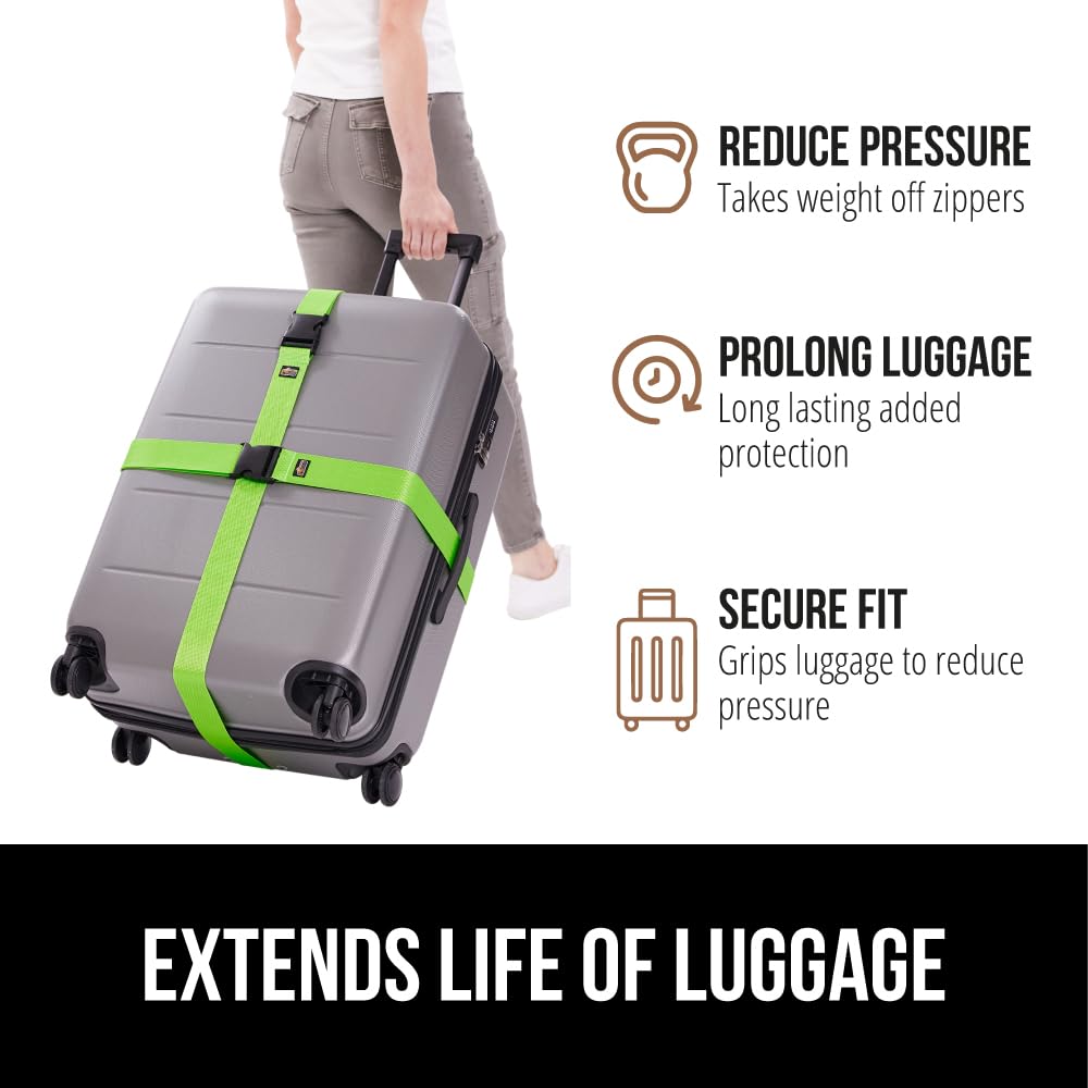 GORILLA GRIP Heavy Duty Luggage Straps – 2 Pack Adjustable Travel Belts to Secure Suitcases, Connect Bags & Extend Luggage Life (Green)