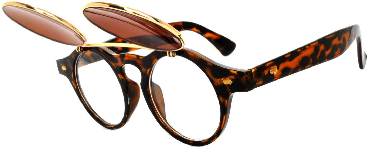 Classic Vintage Circle Flip Up Sunglasses Leopard Gold Frame Retro