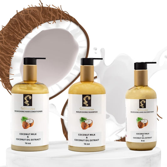 COCONUT MILK HAIR TRIO- coconut milk, coconut oil & ultra whipped egg white proteins- Complete Nourishing Shampoo Set (Shampoo, Conditioner & Hair
