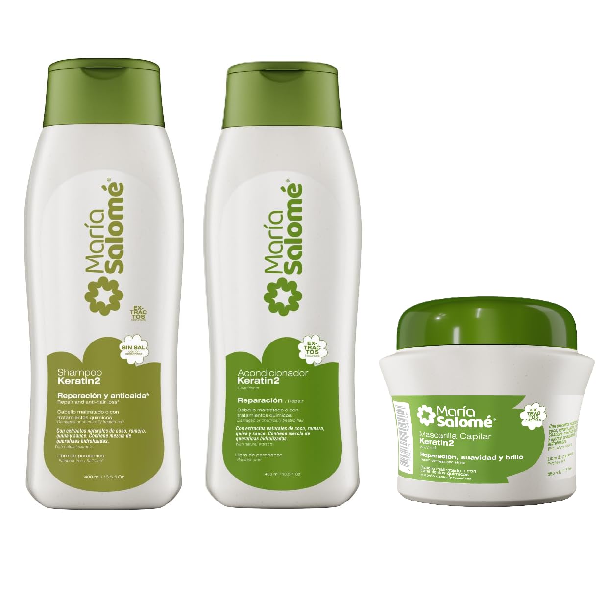 Maria Salome Keratin2 Hair Repair and Loss Prevention kit of Shampoo 13.5 fl.oz. - Conditioner 13.5fl.oz. - Mask 11.8 fl.oz. Natural Products