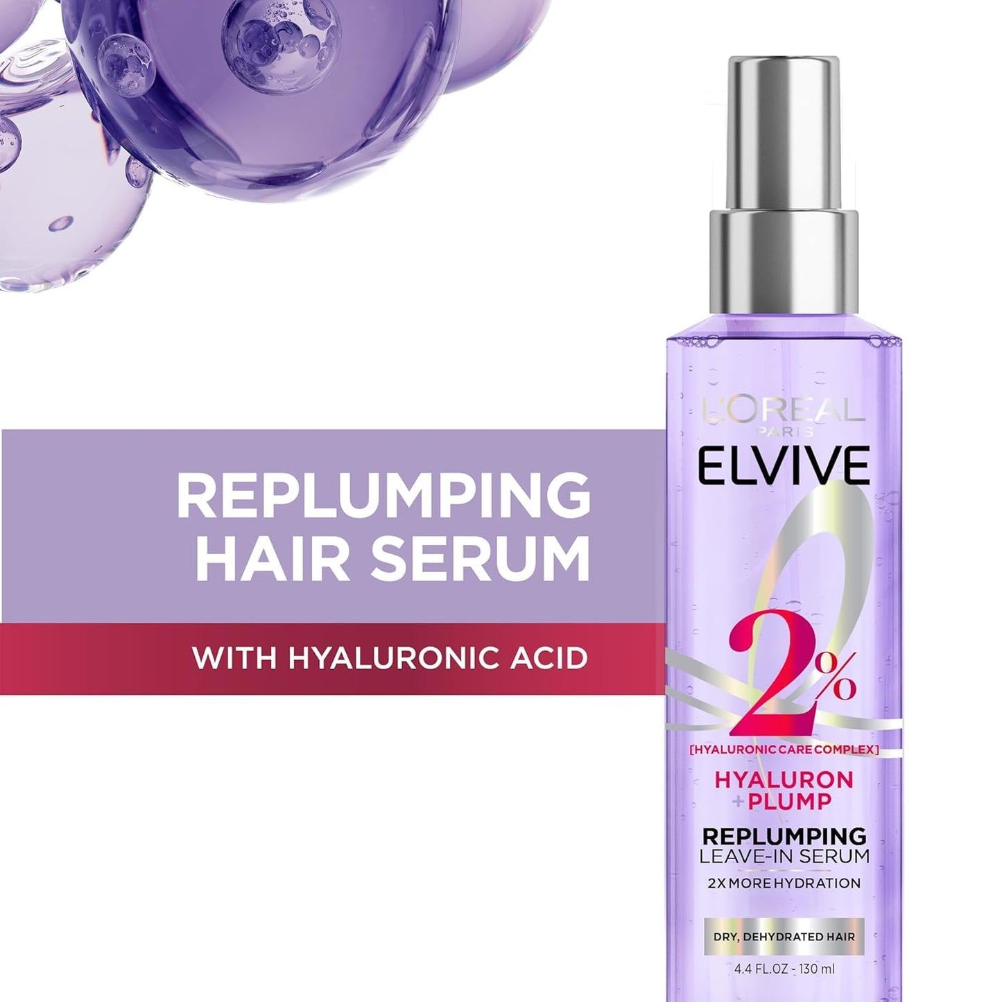 L'Oreal Paris Elvive Hyaluron Plump Moisture Plump Hair Serum for Dehydrated, Dry Hair with Hyaluronic Acid Care Complex, Paraben-Free, 4.4 Fl Oz (3