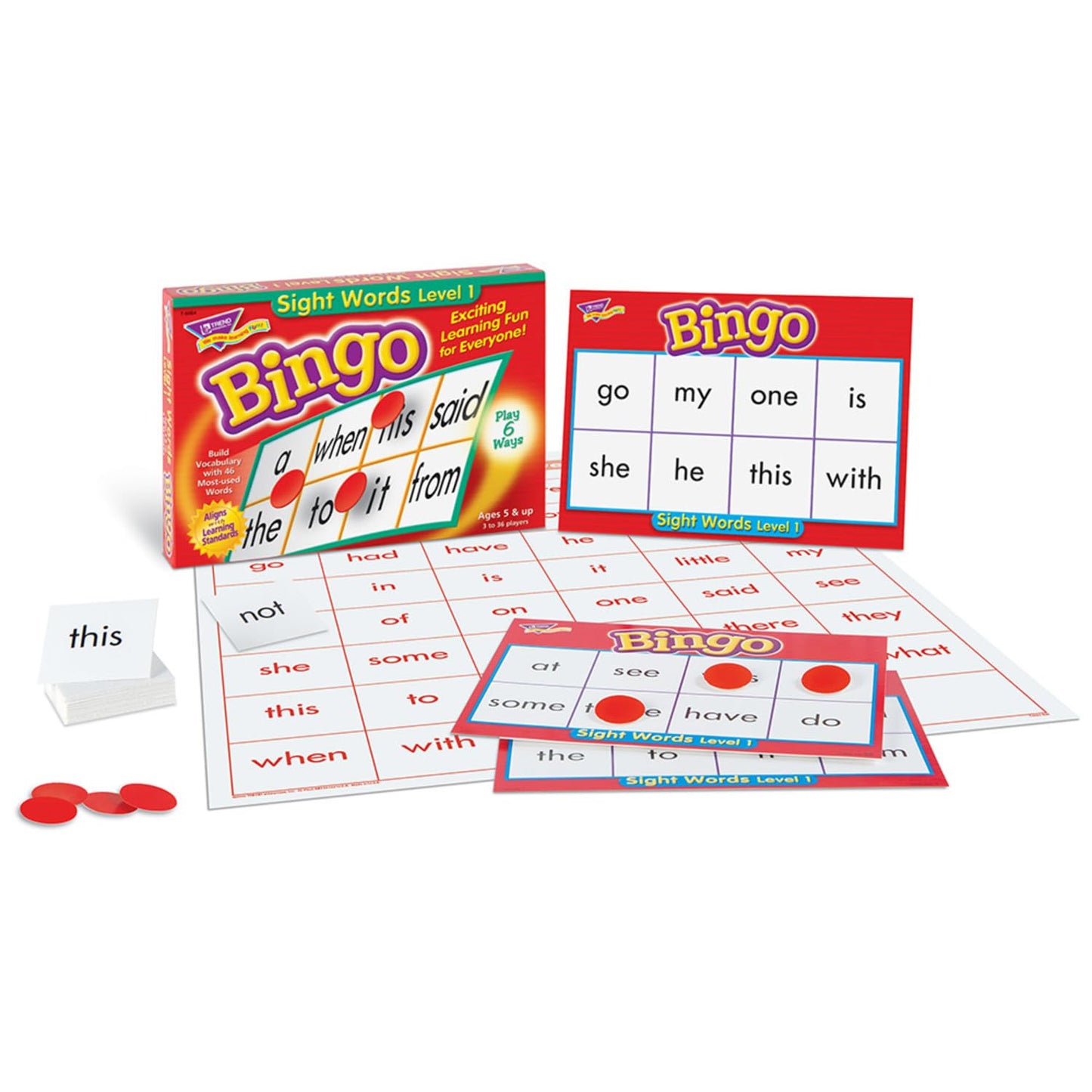 TREND Sight Words Level 1 Bingo Game – Fun Learning for Kids, 6 Ways to Play, Classroom & Home, 3–36 Players, Ages 5+
