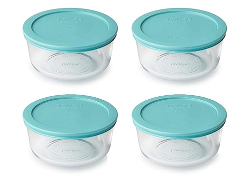Pyrex Storage 4 Cup Round Dish, Clear with Turquoise Plastic Lids, Pack of 4 Containers - Original Genuine Pyrex - Made in the USA