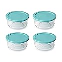 Pyrex Storage 4 Cup Round Dish, Clear with Turquoise Plastic Lids, Pack of 4 Containers - Original Genuine Pyrex - Made in the USA