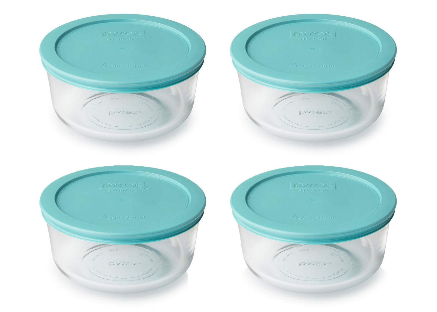 Pyrex Storage 4 Cup Round Dish, Clear with Turquoise Plastic Lids, Pack of 4 Containers - Original Genuine Pyrex - Made in the USA