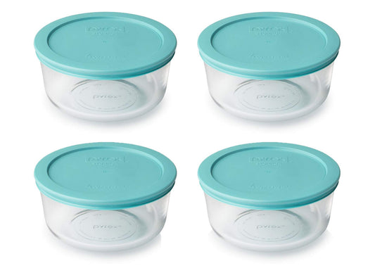 Pyrex Storage 4 Cup Round Dish, Clear with Turquoise Plastic Lids, Pack of 4 Containers - Original Genuine Pyrex - Made in the USA