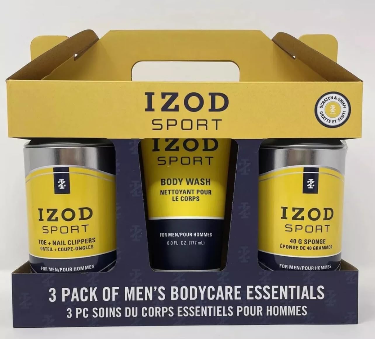 IZOD Sport 3 Pack Body Care, Toe & Nail Clippers, Body Wash and 40g Sponge, Blue & Yellow