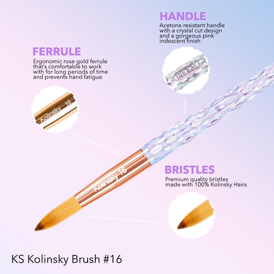 Kiara Sky Kolinsky Acrylic Nail Brush #16 - Pure Kolinsky Sable Hair, Iridescent Crystal Handle, Acetone Resistant, for Acrylic Application Beauty & Personal Care KIARA SKY