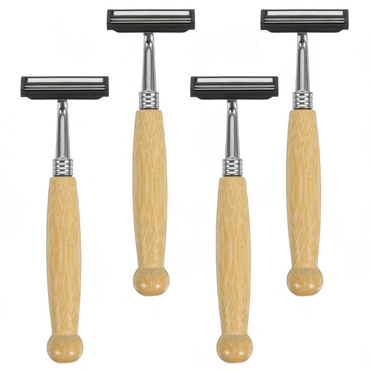 4Pcs Bamboo Single Blade Razors Double Edge Safety Razor Eco-Friendly Handmade Long Natural Bamboo Handle Stainless Steel Safety Shaving Men's Shaving Beauty and Personal Care NULYLU