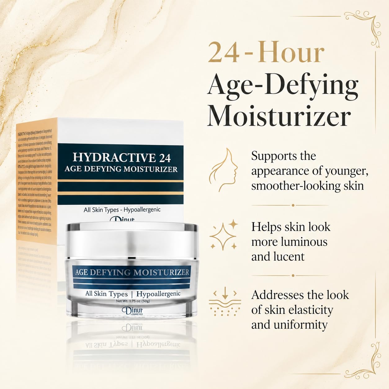 Dinur Cosmetics Hydractive 24 Age Defying Moisturizer Hydrating Looks Younger Smoother & Lucent Improves Skin Elasticity Uniformity 1.75 ounces/50