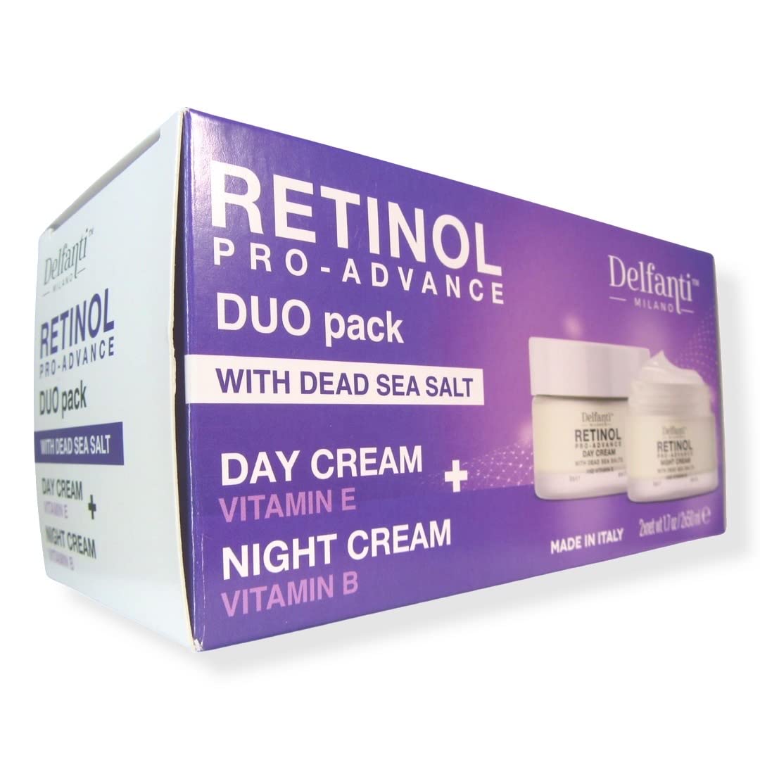 Delfanti-Milano • RETINOL PRO-ADVANCE • Anti-Aging DUO pack • Day + Night Creams • Face and Neck Moisturizers with Dead Sea Minerals and Vitamins E