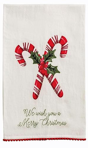 Mud Pie Christmas Candy Cane Pom Trim Towel