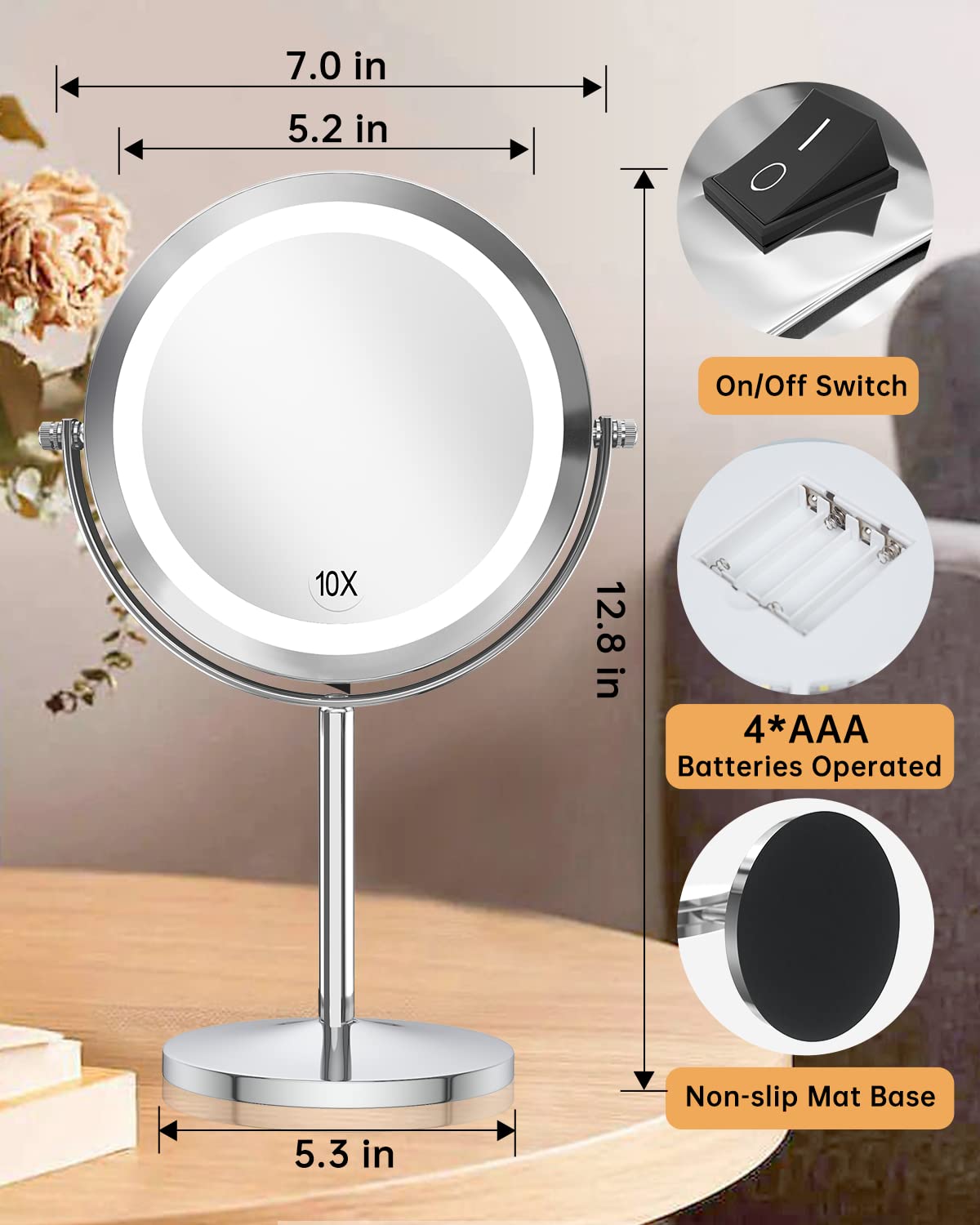 1X/10x Magnified Lighted Makeup Mirror Double Sided Round Magnifying Mirror Standing 360 Degree Swivel Vanity Mirror Battery Operated 7 Inch Diameter