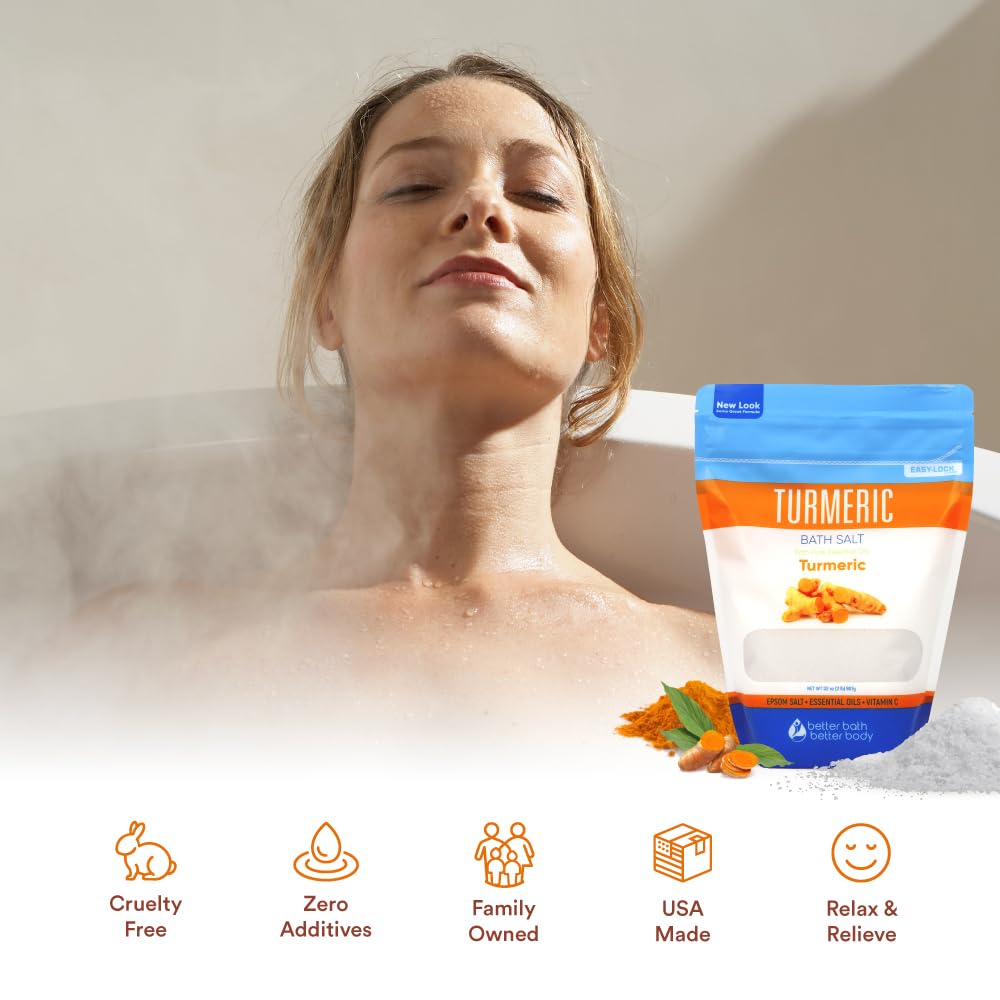 Turmeric Bath Salt 32 Oz Epsom Salt with Essential Oils Turmeric, Cinnamon, Orange Plus Vitamin C in BPA-Free Pouch with Easy Press-Lock Zipper |