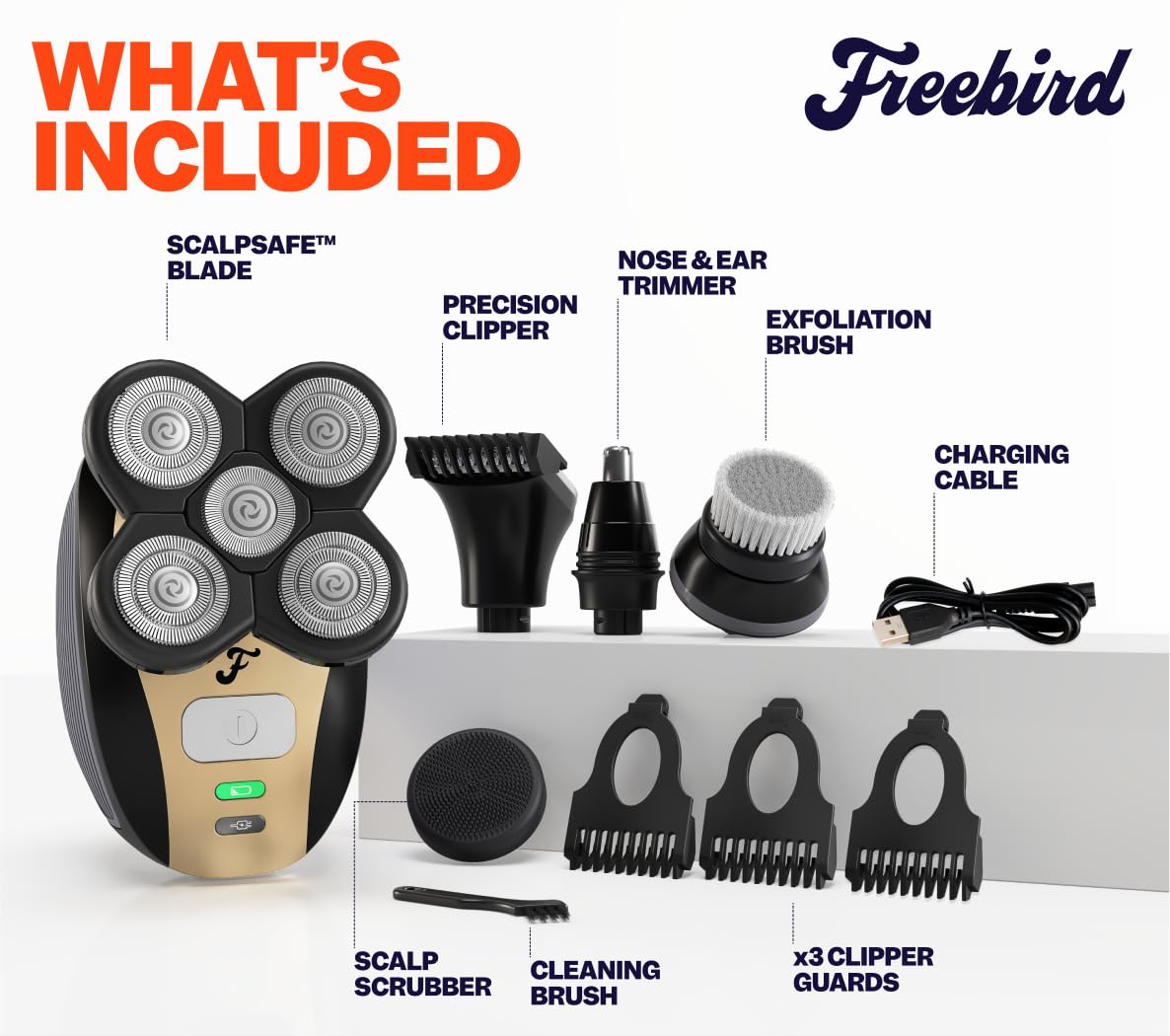 Freebird FlexSeries Electric Head & Body Hair Shaver - Mens Cordless Rechargeable Wet/Dry Skull Bald Head Back & Groin Waterproof Razor with Rotary Beauty and Personal Care Freebird